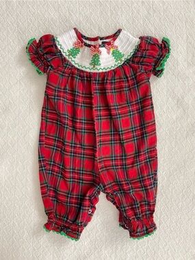 Lil Cactus Smocked Holiday Plaid Romper with White and Green Christmas Trees